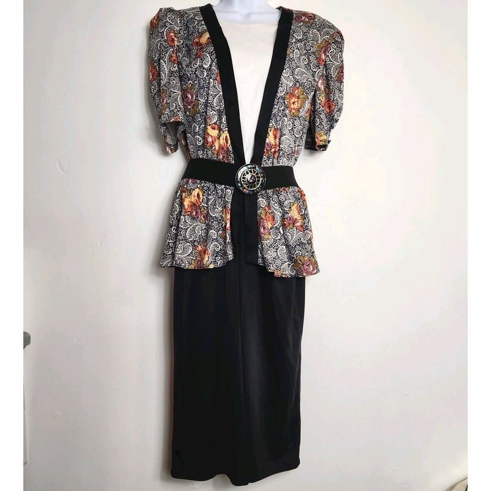 Vintage 80s Floral Peplum Midi Dress Cottagecore Secretary Puff Sleeve Size Med?